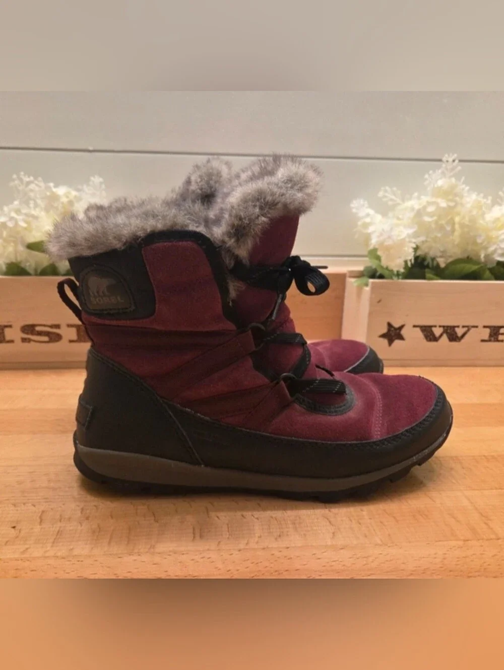 Sorel Tivoli Sport Cattail Boot Maroon Faux Fur Lined Waterproof Womens Size 9.5